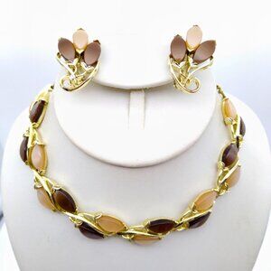 Vintage Thermoset Leaves Jewelry Set, Gold Tone and Autumn Brown and Beige Moong